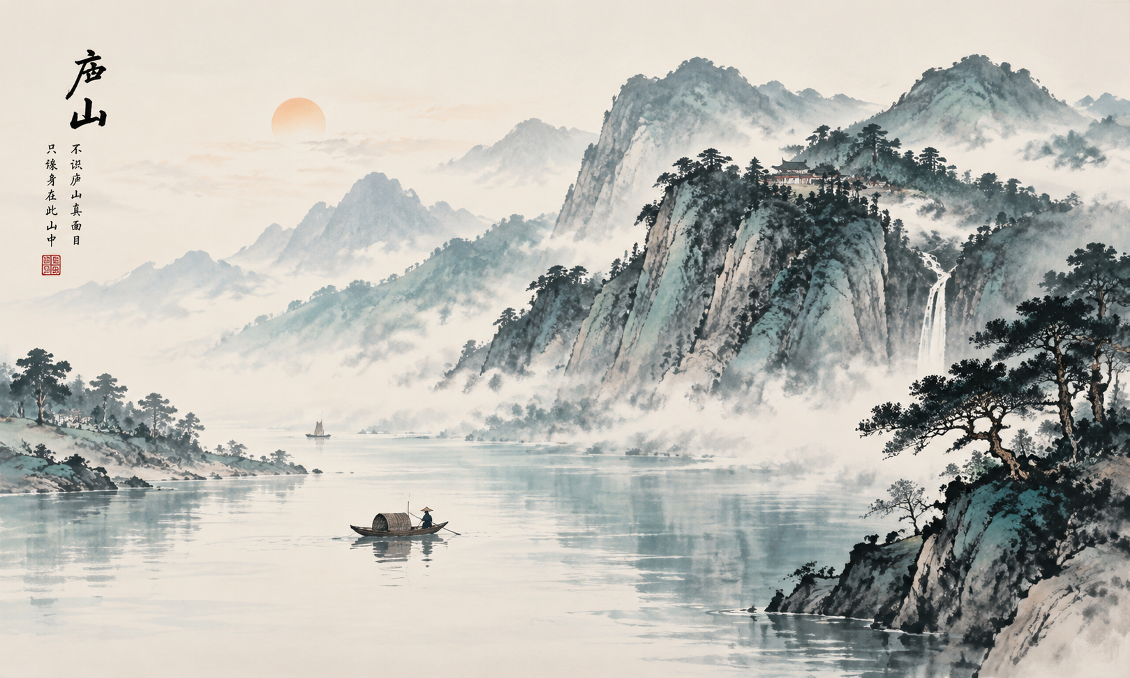 新中式水墨庐山风景画，写意山水，远山如黛近水含烟，渔船点缀江面… - 图片创意预览