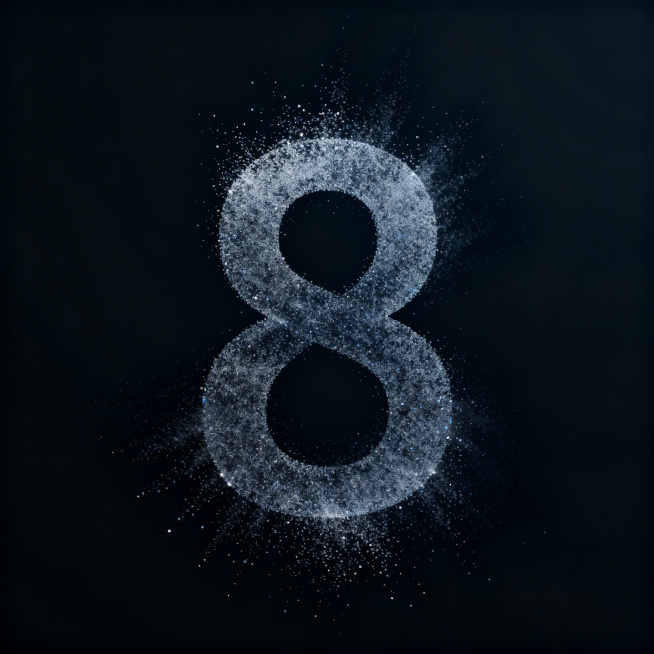 数字"8"由消散的粒子构成，粒子从中心向四周扩散出效果，数字居中放置，画面四周留出大量空白，深色简约背景，科技感，粒子效果精致预览效果