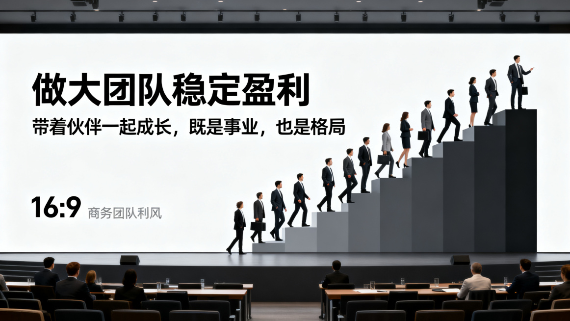 16:9比例，商务风团队成长主题海报，主标题：做大团队稳定盈利，副标题：带着伙伴一起成长，既是事业，也是格局。主副标题分明，字体使用黑体，画面包含一群商务人士阶梯成长图形元素，深灰色渐变商务会议空间背预览效果