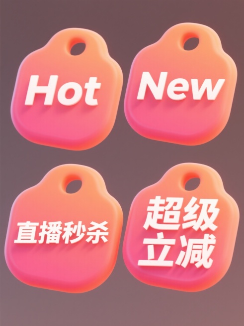 一张具有3D立体效果的卡通风格促销标签集合设计，采用明亮的渐变粉橙色作为主色调，整体呈现出圆润、柔软的Q弹质感，高光和阴影的处理营造出饱满的体积感。画面中四个规整排布的促销标签，每个标签均为纯色背景，标签文案分别为"Hot"、"New"、"直播秒杀"和"超级立减"，文字采用醒目易读的无衬线字体，字号大小适中以确保信息传达清晰。标签边缘有轻微的模糊渐变效果，增强立体感和柔和度，整体设计充满欢快活……预览效果