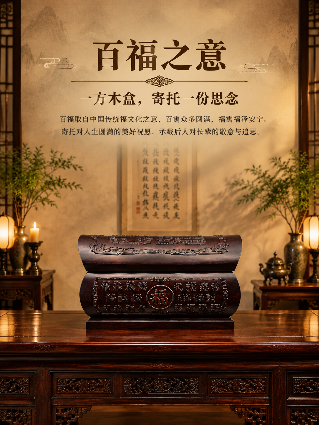 [商品] 使用【图7】百福红花梨实木骨灰盒正面角度；保留正面福… - 图片创意预览