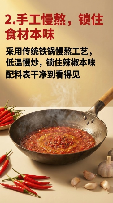 把背景改为浅米色干净背景，保留所有原有内容：复古铁锅，锅内有熬制中的远嫂原味辣椒酱，冒着轻微热气，旁边摆新鲜辣椒和蒜瓣，暖黄色灯光，营造慢熬氛围感。文案排版：顶部左对齐"2. 手工慢熬，锁住食材本味"预览效果