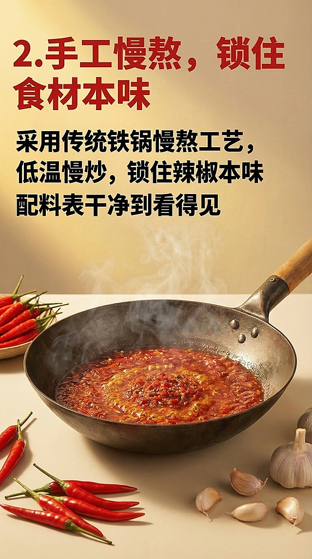 把背景改为浅米色干净背景，保留所有原有内容：复古铁锅，锅内有熬制中的远嫂原味辣椒酱，冒着轻微热气，旁边摆新鲜辣椒和蒜瓣，暖黄色灯光，营造慢熬氛围感。文案排版：顶部左对齐"2. 手工慢熬，锁住食材本味"加粗，红色，字体较大；下方左对齐分两行"采用传统铁锅慢熬工艺，低温慢炒，锁住辣椒本味""配料表干净到看得见"字体加粗，黑色，字体略小。字体大小：标题>正文，排版紧凑不冗余