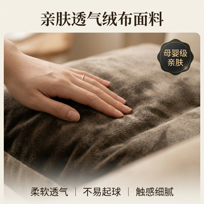 [主图 3] 亲肤绒布面料细节特写
[氛围/风格] 统一温馨暖调，保持与前两张一致的光影和家居氛围
[画面元素] 全屏放大展示沙发绒布面料纹理，加入手部轻抚面料的细节，突出柔软亲肤的凹凸质感，背景虚化预览效果
