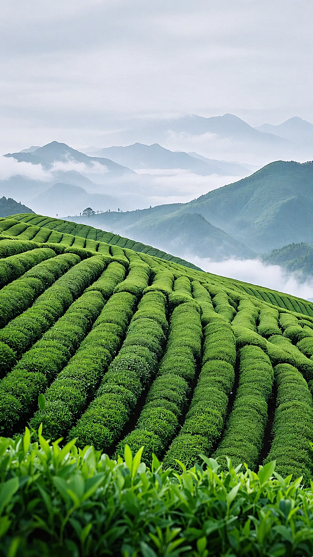 去掉图片中的所有文字，保留原来的茶园风景，保持画面内容和风格不变