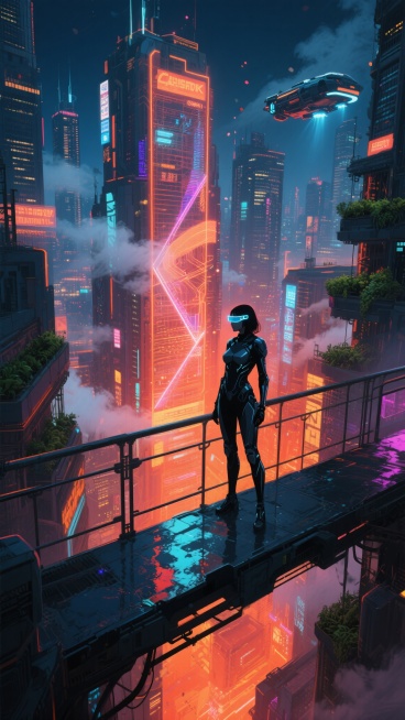 赛博朋克风格插画，俯瞰视角下的未来巨型都市夜景，以深邃靛蓝与炽热橙红为主色调，霓虹招牌与全息投影在摩天楼群间交织出迷幻光网，中央天桥上站着一位身着流线型装甲、佩戴增强现实眼镜的孤独女性剪影，城市边缘可见悬浮的反重力飞行器与垂直农场，潮湿地面反射着斑斓光影，空中飘散着人造烟雾与数据流光粒子，整体呈现出既繁华又疏离的高科技都市氛围，光影对比强烈，细节丰富的科幻场景。预览效果