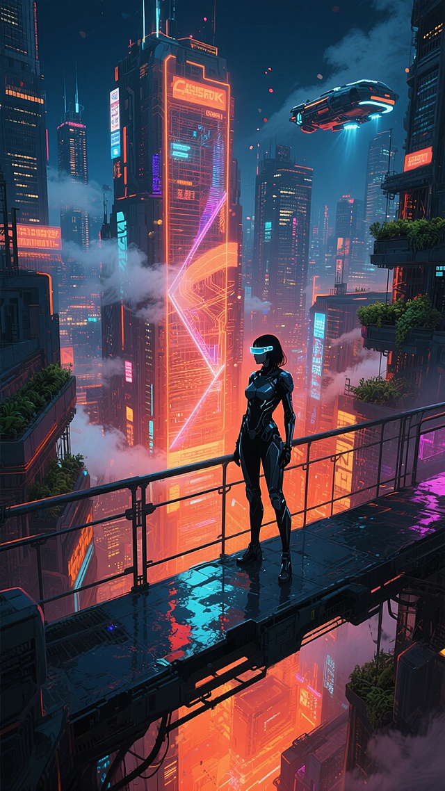 赛博朋克风格插画，俯瞰视角下的未来巨型都市夜景，以深邃靛蓝与炽热橙红为主色调，霓虹招牌与全息投影在摩天楼群间交织出迷幻光网，中央天桥上站着一位身着流线型装甲、佩戴增强现实眼镜的孤独女性剪影，城市边缘可见悬浮的反重力飞行器与垂直农场，潮湿地面反射着斑斓光影，空中飘散着人造烟雾与数据流光粒子，整体呈现出既繁华又疏离的高科技都市氛围，光影对比强烈，细节丰富的科幻场景。