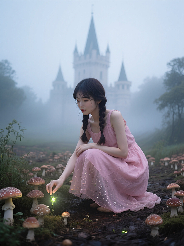 🧚‍♀️粉裙公主蘑菇林逗萤火虫，梦幻至极