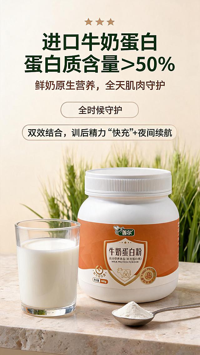 保持和之前一致的暖米浅色调、简约健康风格，使用用户上传图1的实拍产品，严格保留产品包装、logo、文字和外观，整体配色和之前详情页统一。更换为干净清新场景排版：背景为浅米色渐变，产品居中偏下放置在浅米色石材台面上，台面上左侧放一杯冲好的牛奶，右下角放一勺蛋白粉，产品后点缀虚化绿色草料，整体干净简洁。
文案排版：顶部三颗星星装饰，主标题「进口牛奶蛋白 蛋白质含量≥50%」深绿色加粗居中，副标题「鲜奶原生营养，全天肌肉守护」棕色居中，下方分两行卖点：第一行「全天候守护」，第二行「双效结合，训后精力“快充”+夜间续航」，保持圆角浅框卖点排版，字体风格和之前一致，文字清晰。比例9:16竖版，2K分辨率，高清画质，光影柔和自然。
负向提示词：产品变形，包装文字错乱，颜色偏差，风格不一致，文字模糊。
