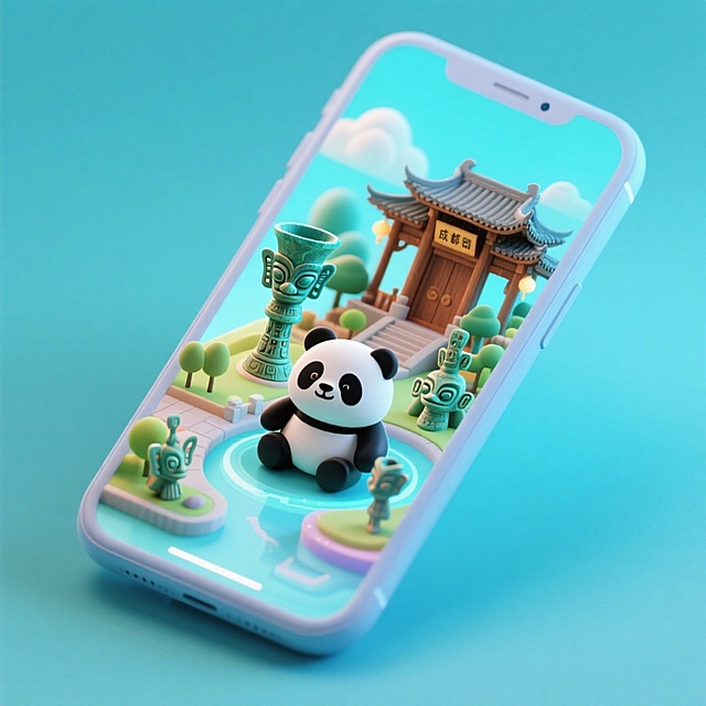 一个手机创意微缩场景，手机平放，侧面对着观众，手机俯视角度，立体的成都景观从屏幕内出来，有熊猫，三星堆，武侯祠，整体色调立体魔幻。青色背景。具有梦幻感,打光营造出柔和氛围强调梦幻和未来感的美学。