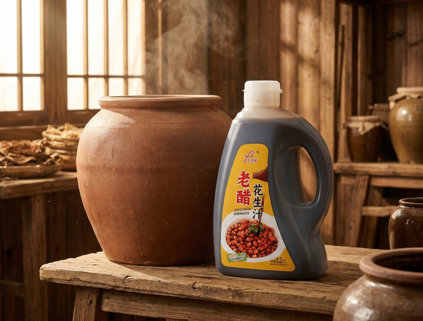 传统复古酿醋作坊内，老醋花生汁产品摆在土陶醋缸旁，保留产品原有Logo文字不变，保持瓶身结构不变。环境弥漫淡淡蒸汽，木材和陶土材质，暖黄色调体现百年酿造工艺的厚重历史感，柔和自然光，充满传统手工氛围，预览效果