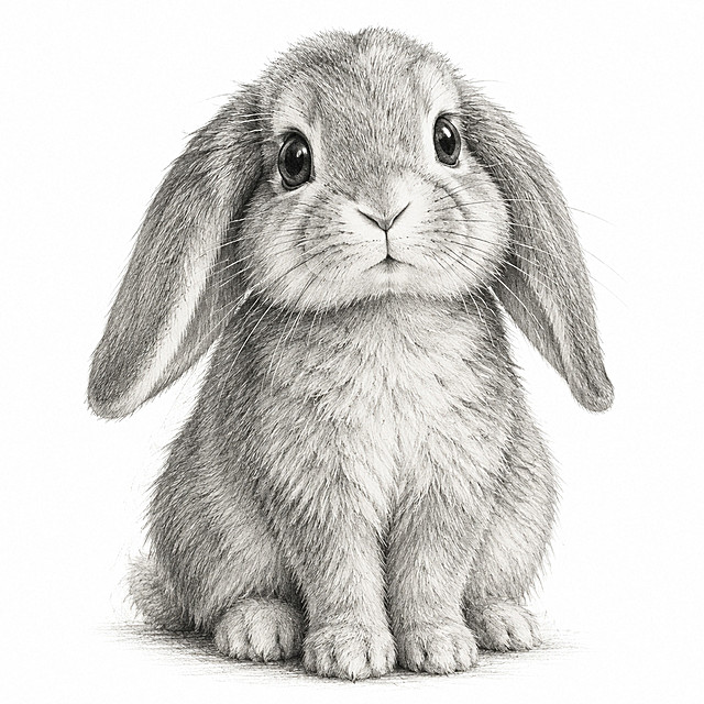 一只可爱的兔子素描画，铅笔手绘风格，细腻的线条勾勒出兔子的毛发纹理和柔软的长耳朵，圆溜溜的眼睛，小巧的鼻子和三瓣嘴，坐姿姿态，背景为纯白色，素描阴影层次丰富，艺术感强，写实风格