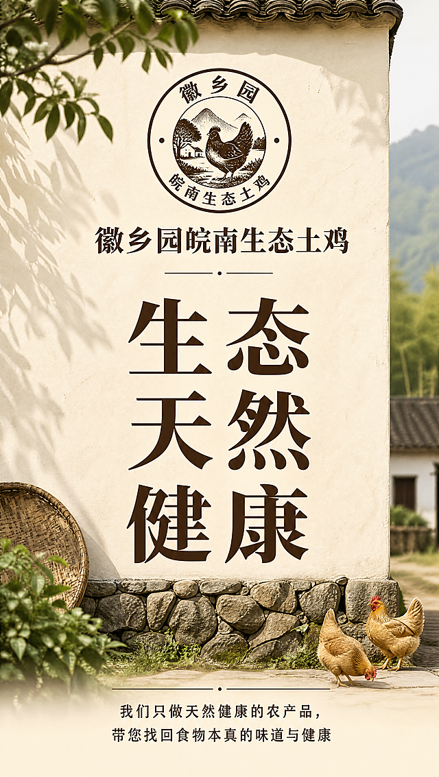 [第8屏] 收尾品牌宣传-徽乡园皖南生态土鸡。
[氛围/风格] 自然清新，品牌氛围收尾，传递健康理念。
[元素布局] 顶部放品牌圆形标识，中间大标题，底部品牌宣传语，背景为简约乡村围墙实景，整体简洁干净。
[光影质感] 柔和自然光线，整体通透舒适，文字清晰不模糊。
[配色色系] 全局底色#FFF8DC浅米黄，文字深棕色，背景保留自然色调，不新增额外颜色。字体同首屏，仅深棕色纯色填充。
[视角构图] 从上到下居中排版，品牌标识-标题-宣传语依次排列，收尾简洁有力。
[文字版式] 顶部品牌logo，中间主标题「生态 天然 健康」，副标题「我们只做天然健康的农产品，带您找回食物本真的味道与健康」，文字居中清晰，排版舒适。
[比例分辨率] 宽度750像素，比例9:16竖版，4K分辨率，文字清晰可辨。
[负向提示词] 排版混乱，文字模糊，水印，夸张宣传。