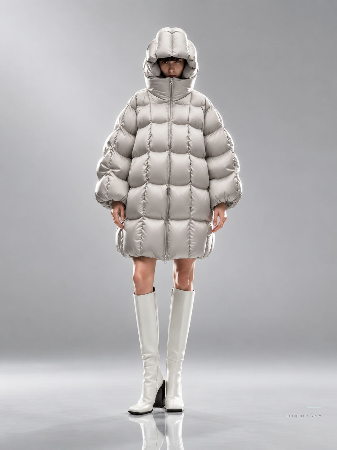 [商品] 使用【图1】浅灰色云朵绗缝连帽中长款羽绒服；商品处理… - 图片创意预览