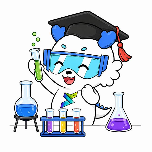 参考图中IP形象，保持整体配色、装饰细节、外形轮廓不变，生成科学实验场景神态动作，手持实验试管，卡通插画风格，纯白色背景，4K超清，不变形拉伸。