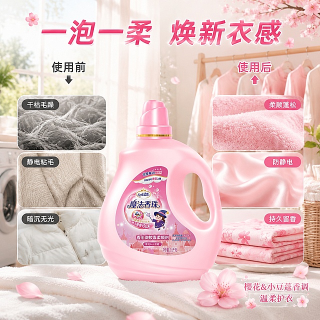 [主图-3] 衣物柔顺效果对比 樱花香氛场景图
[氛围风格] 清新洁净家居风，樱花香氛氛围感，前后对比直观展示效果，柔和明亮
[画质] 商业摄影质感、光线柔和自然、衣物纹理清晰、画面干净高级
[元素] 画面左右分屏对比结构。左侧为使用前：干枯毛躁的衣物纤维放大图、暗沉无光泽的毛衣特写、静电粘毛的外套。右侧为使用后：蓬松柔顺的毛巾、光泽顺滑的真丝衣物、整齐叠放的粉色樱花图案衣物。中间放置粉色柔顺剂瓶身，瓶身略偏右，占画面约35%。背景为明亮的阳台洗衣房场景，有晾衣架、白色洗衣篮、散落的樱花花瓣。顶部有樱花枝桠垂落，花瓣飘落。底部前景有蓬松的白色毛巾堆，上面放着一朵新鲜樱花。**保持粉色柔顺剂产品外观与输入产品图绝对一致，杜绝任何变形和色差**。
[光影] 自然光从左侧窗户洒入，柔和明亮，衣物纤维有通透感，右侧使用后区域更明亮有光泽，整体温暖清新
[配色] 主色调白色、樱花粉；辅助色浅木色、淡绿色；点缀色深粉色文字
[视角构图] 左右对比构图，产品居中偏右，平视角度，前中后景层次丰富
[文字版式] 顶部大标题"一泡一柔 焕新衣感"，粉色粗体大字。左侧上方标注"使用前"配向下箭头，右侧上方标注"使用后"配向上箭头。左侧三个痛点小标签："干枯毛躁""静电粘毛""暗沉无光"；右侧三个效果小标签："柔顺蓬松""防静电""持久留香"。底部右侧小字"樱花&小豆蔻香调 温柔护衣"。文字均放在负空间，不遮挡产品。
[输出要求] 1:1比例，文字清晰锐利，超高清商业摄影质感
[负向提示词] 变形，文字错乱，产品模糊，背景杂乱，水印，电商Logo