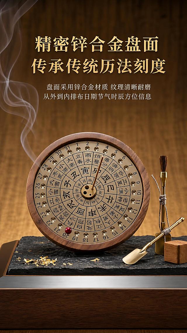 [第3张] 材质解析页-精密锌合金盘面卖点展示。本张使用【图3】作为商品主体，产品外观、结构、文字顺序与原图完全一致，不做二创修改。
[氛围/风格] 新中式工艺质感风，暖棕金色调，商业摄影质感，突出金属盘面精密工艺，延用主图风格。
[元素布局] 香插置于画面中央偏下，占比约60%，放置在深色岩石+木质底座台面上；右侧搭配金色香铲、香扫等香道工具作为点缀；左上区域有袅袅香烟升起；背景为暖棕色木纹肌理；产品锌合金盘面、二十四节气文字、十二时辰、日期数字、红色圆珠与输入图完全一致。
[光影质感] 左上方柔和主光，金属盘面呈现清晰金色反光，刻度文字凹陷处有阴影增强立体感，胡桃木外圈纹理温润，烟雾轻盈通透。
[配色色系] 全局底色 #966432 暖棕木纹；主色金色 #D4AF37；辅助色深棕 #4A2F15、黑色岩石 #2C2C2C。
[视角构图] 正面平视微仰，产品为视觉中心，阅读动线上方标题 → 中部产品 → 底部辅助说明。
[文字版式] 顶部大标题区。主标题「精密锌合金盘面」，副标题「传承传统历法刻度」，两行金色宋体大字居中；下方两行说明文字「盘面采用锌合金材质 纹理清晰耐磨」「从外到内排布日期节气时辰方位信息」，米白色小字居中；文字不遮挡产品主体。
[比例分辨率] 9:16 竖版比例，2K分辨率，文字清晰可辨，高清画质。
[负向提示词] 产品变形，结构错误，文字错乱，缺件错件，颜色偏差，水印，文字过小，背景杂乱。