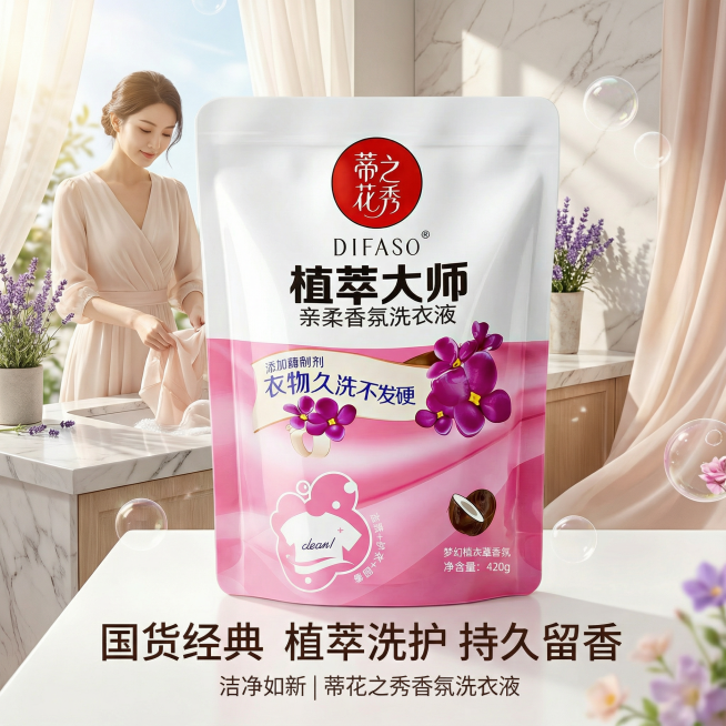 我是网店卖家，产品是我是网店卖家，产品是老品牌国货,蒂花之秀驰名商品袋装洗衣液，洗衣洁净，香味持久，根据你的经验帮我生成一个电商主图，提升一些洗衣液主体质感，切记不要出现网络违禁词,略微提升质感包装袋预览效果