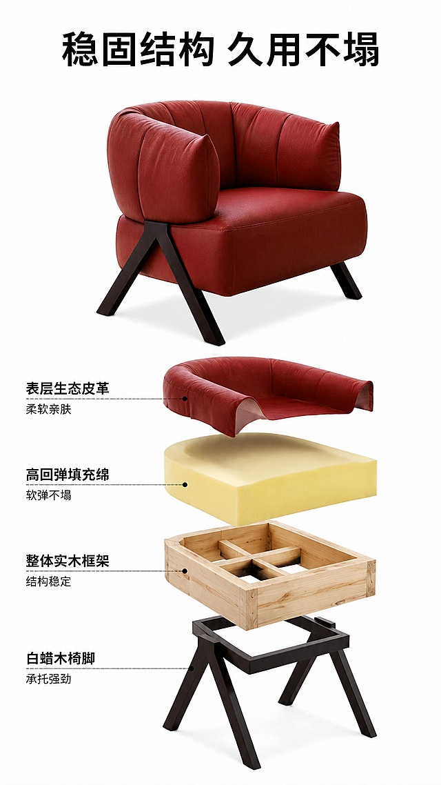 [第4屏] 结构解析，实木框架与内部分层结构展示。本屏使用【图1】作为产品主体，辅助结构示意图。
[氛围/风格] 专业科普风，清晰展示内部结构，通透直观，严谨可信。
[元素布局] 产品主体居中，下方分层标注内部结构：表层生态皮、中层高回弹绵、内层实木框架、底部白蜡木椅脚，每层使用虚线和标签标注，产品外观保持和原图一致。
[光影质感] 均匀布光，结构清晰，每层层次分明，立体感强。
[配色色系] 全局底色 #FFFFFF；主色白色背景，黑色文字标注，彩色分层示意清晰。
[视角构图] 上图下文，产品主体在上，结构标注在下，中心对称构图。
[文字版式] 顶部主标题「稳固结构 久用不塌」，分层标注「表层生态皮革 柔软亲肤」「高回弹填充绵 软弹不塌」「整体实木框架 结构稳定」「白蜡木椅脚 承托强劲」，文字清晰，不遮挡产品主体。
[比例分辨率] 9:16 竖版比例，2K分辨率，文字清晰可辨，高清画质。
[负向提示词] 结构错乱，产品变形，标注错误，文字模糊，水印