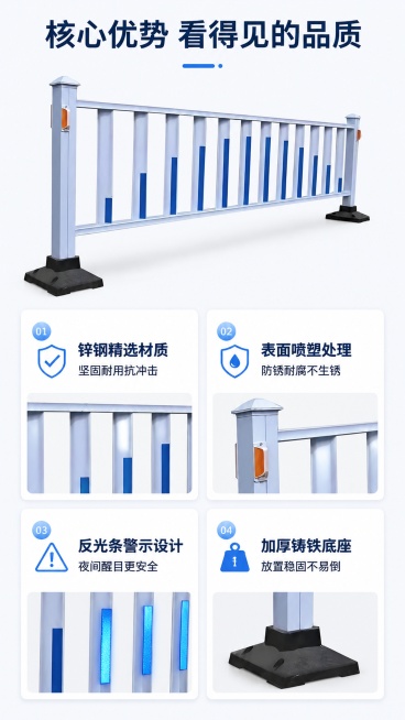 [第5屏] 核心优势卖点拆解——逐一拆解本款锌钢城市交通护栏的核心优势。本屏使用【图1】作为产品主体。
[氛围/风格] 专业卖点解析风，清晰信息层级，商务质感。
[元素布局] 顶部主标题，下方分四个卡预览效果