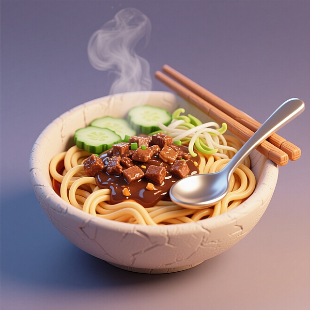 一碗炸酱面，周围有筷子、汤勺元素点缀