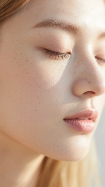 超近特写镜头，聚焦年轻女性的半张面部，细腻展现健康自然的皮肤质感，肌肤呈现出通透的米杏色基调，带有自然的浅棕色雀斑和细微的皮肤纹理，显得真实而有生命力。柔和的自然光从侧上方照射，在眼睑、颧骨和鼻梁处形预览效果