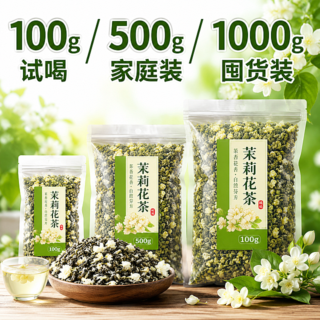 拼多多电商主图，1:1正方形，茉莉花茶商品主图，清新自然风格，画面展示三种规格包装：100g试喝装、500g家庭装、1000g囤货装，包装旁摆放茉莉花茶茶叶与茉莉花，背景干净明亮，大字文案：“100g 试喝 / 500g 家庭装 / 1000g 囤货装”，字体醒目清晰，突出多规格选择，符合拼多多平台主图风格