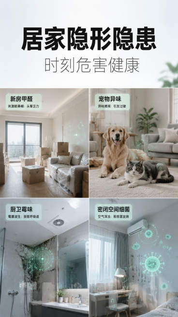 主文案"居家隐形隐患"居中放大，字体粗黑；副文案"时刻危害健康"在主文案下方，字体纤细，颜色比主文案浅一度；四宫格分栏布局，分别展示新房甲醛、宠物异味、厨卫霉味、密闭空间细菌四大居家痛点实景，整体清新预览效果