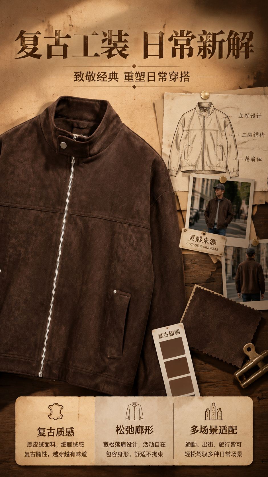 [商品] 使用【图1】深咖色复古麂皮绒立领夹克；商品处理：保留… - 图片创意预览