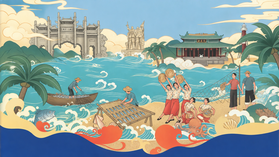 参考原图的国潮插画风格，保留海岸渔民劳作、标志性建筑的整体构图，重新生成画面内容，保持相同色调和插画风格预览效果