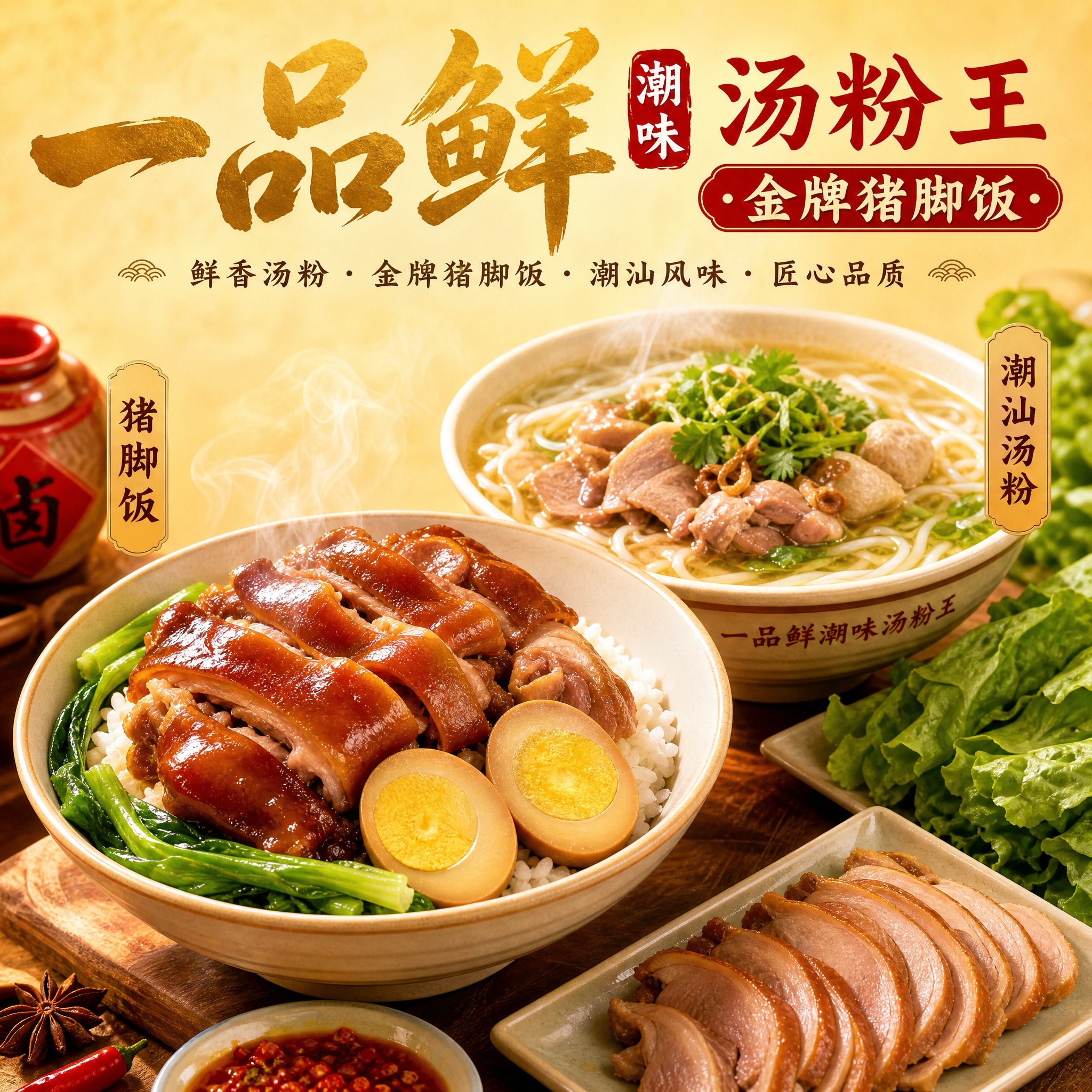 餐饮品牌头像设计，店名"一品鲜潮味汤粉王·金牌猪脚饭"，潮汕汤… - 图片创意预览