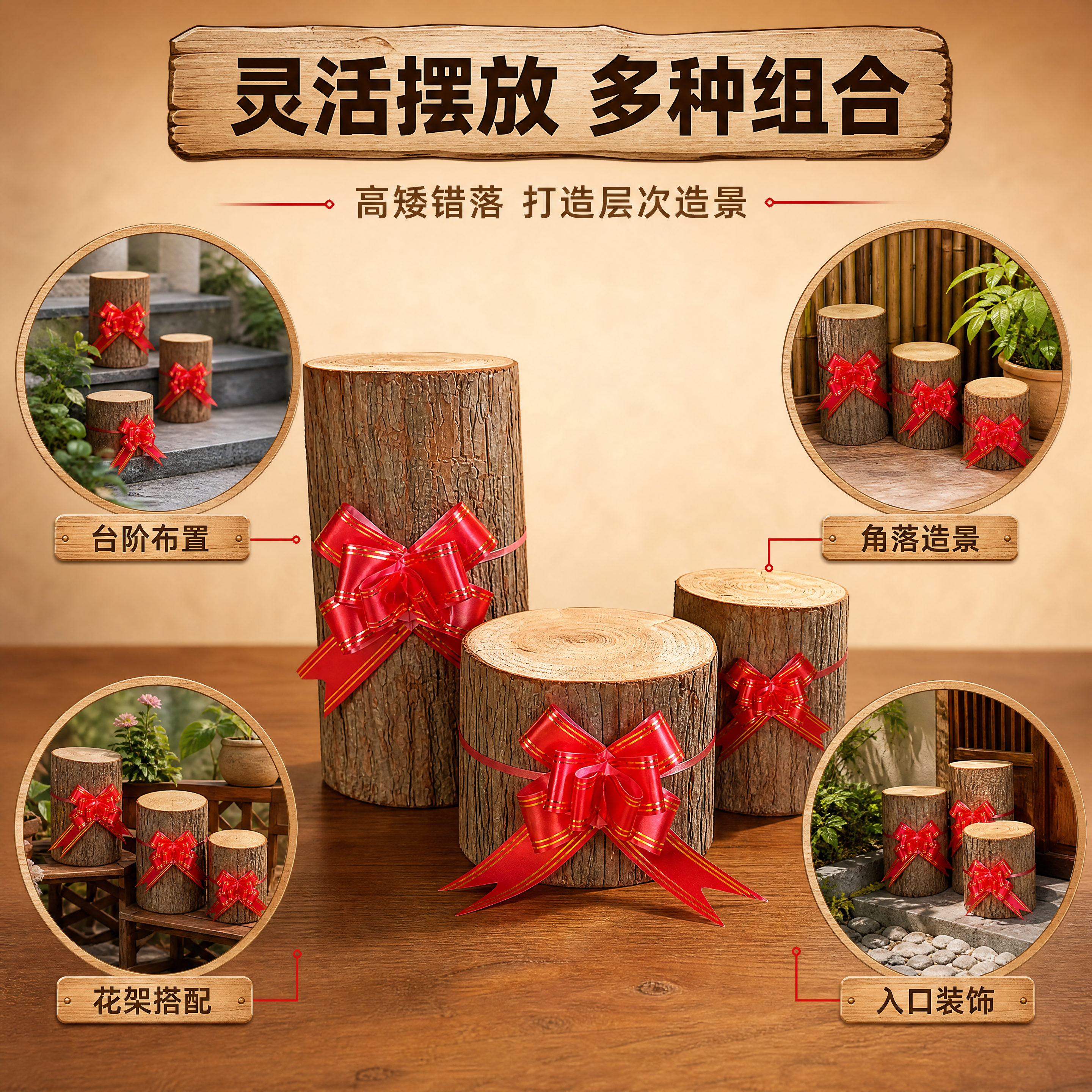 [商品] 使用【图4】杉墩木段配红绳花三款组合（高/中/矮）；… - 图片创意预览