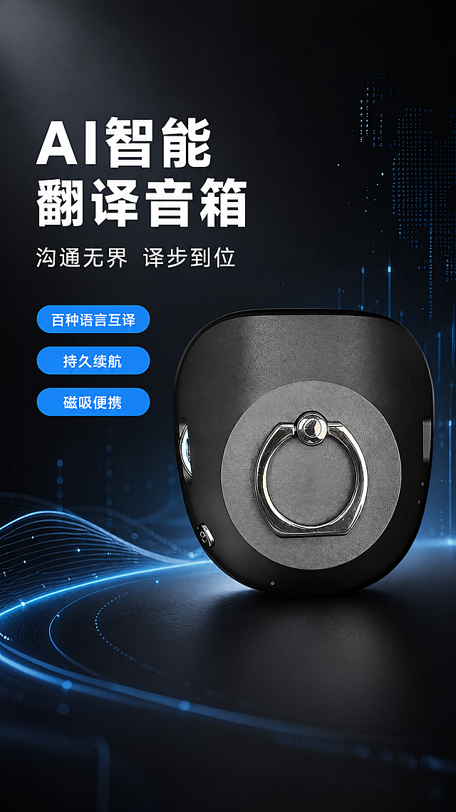 「图片1」，生成一套详情页，商品名称为AI智能翻译音箱，适配淘宝/天猫平台，单图比例为9:16，需求屏数为9张。产品功能AI智能翻译音箱，一百三十多种语言实时翻译，续航持久，8-10h，蓝牙6.0，磁吸吸附在手机上就能随时出门，语言沟通无障碍