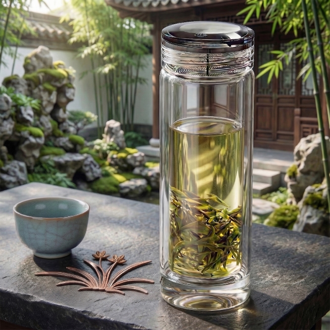 精修玻璃杯：去除灰暗感，增强通透度与高光，使其呈现擦拭得非常干净的效果，光亮纯净、无污渍划痕，背景、盖子、青瓷杯、文字等其余元素保持原样。预览效果