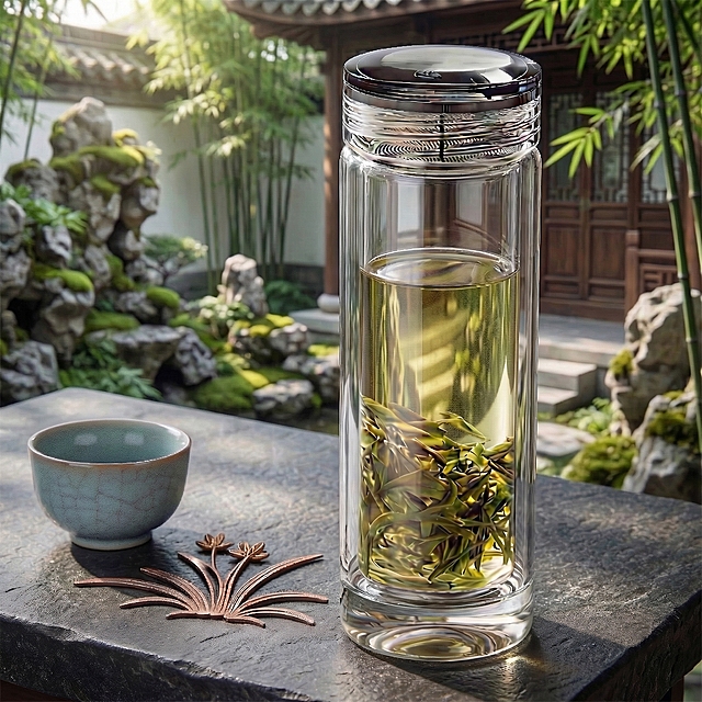 精修玻璃杯：去除灰暗感，增强通透度与高光，使其呈现擦拭得非常干净的效果，光亮纯净、无污渍划痕，背景、盖子、青瓷杯、文字等其余元素保持原样。