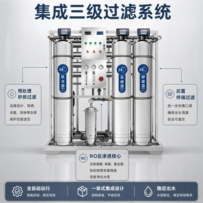 [主图-2]商用RO纯水机过滤系统核心卖点展示
[氛围风格]简洁营销风，技术专业感
[画质]商业摄影质感、光线柔和通透、产品清晰真实、画面干净高级
[元素]保持商用RO纯水机产品整体外观与输入产品图完预览效果