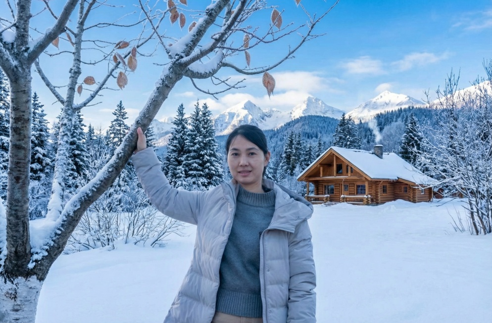 背景中可以看到积雪覆盖的地面、树木、一座小木屋以及远处的山脉，天空呈蓝色并飘着少量云朵，整体色调以蓝白为主，营造出清冷纯净的冬日氛围。预览效果