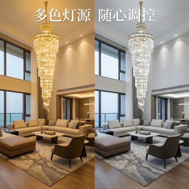 这张图片是产品主体这款产品是客厅轻奢水晶吊灯的 我需要设计10张主图在拼多多上面售卖 大堂 别墅 客厅 用主图场景布局元素 高级质感 包邮发货 厂家直销 质量保障  精湛工艺  多层电镀 纯洁如砖预览效果