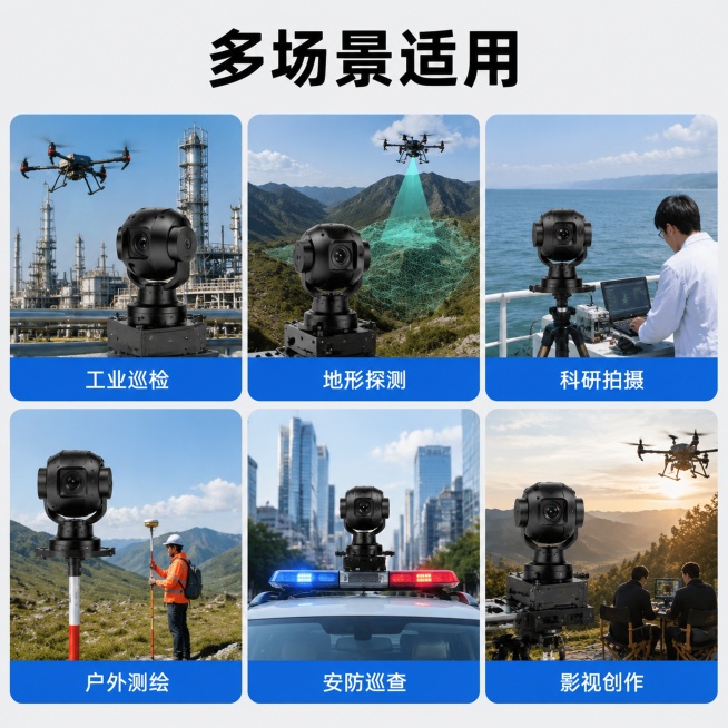 [主图-7] 多行业应用场景展示
[氛围风格] 多场景宫格展示，突出通用性
[画质] 高清场景合成，每个场景清晰
[元素] 顶部大标题，下方六宫格展示增稳云台不同应用场景：分别是工业巡检、地形探测、科预览效果