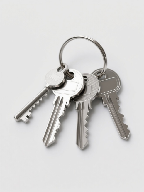 高度写实风格的金属钥匙，四把不同样式的银色钥匙通过金属钥匙环串联，每把钥匙具有独特的齿形和匙柄图案，表面呈现出细腻的金属光泽与轻微的磨砂质感，清晰的高光与阴影增强立体感，所有钥匙在纯白色背景上呈整齐排列状态，整体构图简洁明了，突出钥匙的材质细节与形态差异。预览效果
