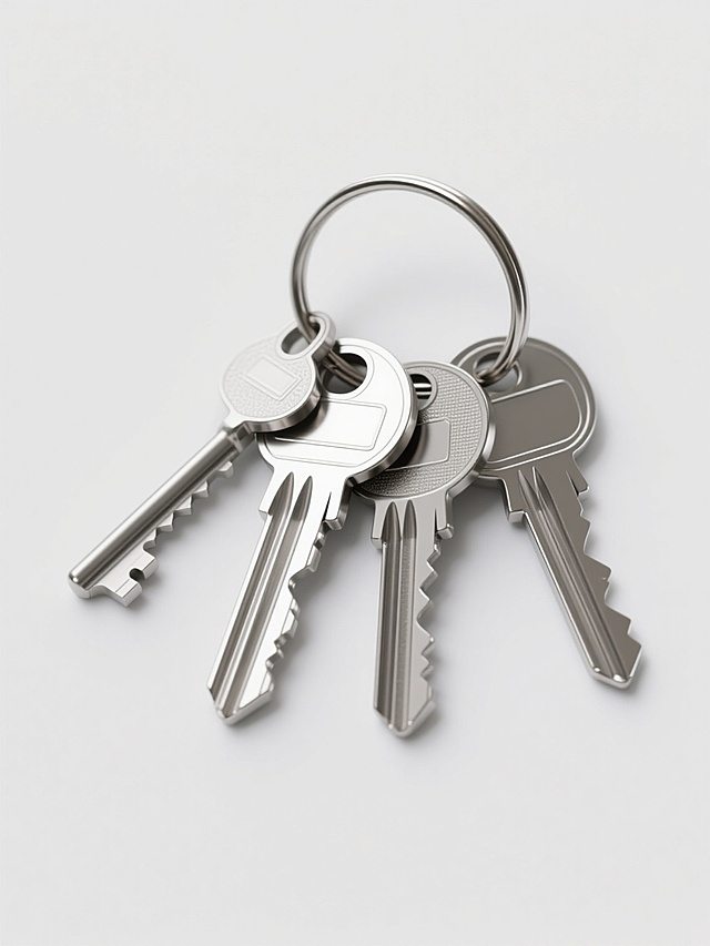 高度写实风格的金属钥匙，四把不同样式的银色钥匙通过金属钥匙环串联，每把钥匙具有独特的齿形和匙柄图案，表面呈现出细腻的金属光泽与轻微的磨砂质感，清晰的高光与阴影增强立体感，所有钥匙在纯白色背景上呈整齐排列状态，整体构图简洁明了，突出钥匙的材质细节与形态差异。