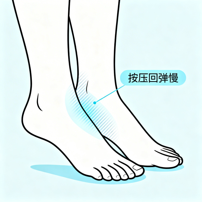 平面示意图，糖尿病肾病引发水肿的原理，绘制双脚轮廓标注浮肿区域，文字标注"按压回弹慢"，纯图形标注，无真人露肤展示，科普风格简洁清晰预览效果