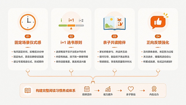 精确尺寸 1479 像素宽、1152 像素高，横版扁平风育儿科普封面信息图，适配今日头条信息流展示。
画面上半区为醒目主标题：英语启蒙如何保护孩子好奇心？，副标题小字标注：守住原动力 孩子主动想学不抵触；下半区横向均匀排布三个圆角信息模块，分别对应「游戏化探索」「场景化互动」「正向反馈」三大核心方法，每个模块搭配极简线性图标（拼图块、房子轮廓、星星对勾）。
整体配色为暖橙 + 浅奶蓝的柔和撞色，背景为纯净浅米白色，无卡通人物、无真实人脸、无多余装饰，高清矢量质感，标题文字在缩略图状态下清晰可辨，兼具干货感与温和育儿调性。