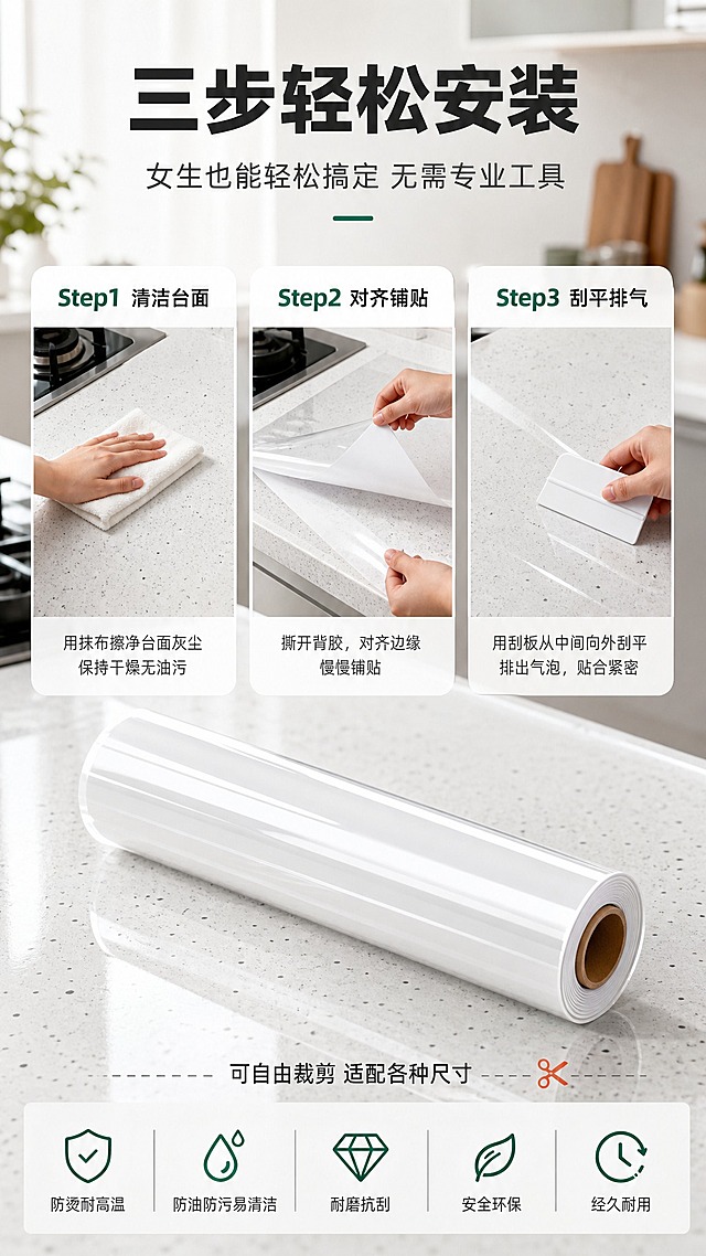 [商品] 使用【图1】透明卷材灶台膜；保留白色透明卷状形态、纸筒内芯、表面光泽质感、膜体透明材质；产品为自粘式厨房灶台保护膜，安装方式为自粘铺贴。
[画面] 页面目标：安装步骤演示，3步简易安装。构图：竖版9:16，上方标题，中部3步横向排列步骤图，下方产品卷材。主体位置：画面中部，3个步骤圆形/方形图横向排列，每步有手部动作演示：Step1擦净台面、Step2撕开背胶对齐铺贴、Step3用刮板刮平排出气泡。灶台膜卷材放在底部中央。产品占画面约25%。景别：中景+手部动作特写。前中后景：前景手部动作，中景台面与灶台膜铺贴过程，后景厨房背景虚化。阅读动线：从上至下，从左至右。
[视觉] 套系策略：风格=现代简约家居商业摄影风；标题字=粗黑体无衬线；正文字=常规无衬线体；主色=白色+浅灰色；背景延展=基于白色和浅灰做深浅层级、同色渐变和细腻石材/金属质感；强调色=橙红色（仅用于高温特效、小面积图标和标签）+ 墨绿色（用于卖点图标和强调文字）；标题色=深炭灰；正文色=中灰色；组件=圆角白底信息卡、细线引线、图标化卖点条；光影=左前侧自然光，明亮通透，台面有柔和反光。
[文字] 顶部主标题"三步轻松安装"，副标题"女生也能轻松搞定 无需专业工具"。3步分别标注：Step1 清洁台面、Step2 对齐铺贴、Step3 刮平排气。每步下方配1行小字说明。底部小字"可自由裁剪 适配各种尺寸"。所有文字横排。
[规格] 图片比例9:16竖版，4K，避免变形、错字、文字过小、冷蓝/蓝灰背景、产品颜色改变、材质失真、极限词。