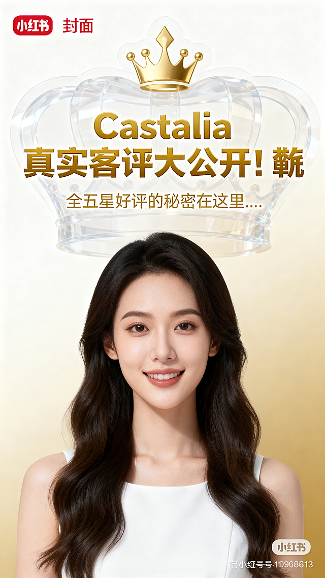 小红书封面，简约大气品牌风格，用金色皇冠Logo作为半透明背景，叠加半透明蒙层，主标题文字"Castalia 真实客评大公开！📸"，副标题文字"全五星好评的秘密在这里..."，竖版适合小红书