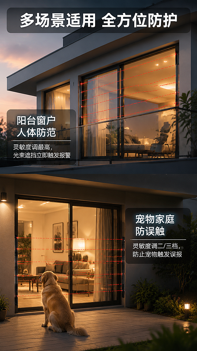 [第5屏] 场景应用展示-阳台窗户人体防范+宠物防误触双场景。本屏使用【图4】别墅阳台场景作为参考风格，展示产品实际应用。
[氛围/风格] 真实家居场景风，现代别墅阳台，温馨且有科技安防感。
[元素布局] 画面展示现代别墅外观，多层阳台和窗户，窗户和阳台门处安装红外光栅探测器，红色虚线光束示意防护区域；分上下两个场景区域：上方阳台窗户场景标注人体防范，下方庭院门场景标注宠物防误触；场景真实自然。
[光影质感] 黄昏时分自然光，室内暖光透出，整体氛围温馨，红色光束有微弱发光效果。
[配色色系] 全局场景主色调为暖灰建筑+暖黄室内光；点缀色科技红光束 #E53935、白色说明文字、半透明黑底文字框。
[视角构图] 斜侧视角建筑外景，上下双场景分区，阅读动线从上到下。
[文字版式] 顶部标题「多场景适用 全方位防护」，白色粗体字配半透明黑底；上半区左侧文字框：「阳台窗户 人体防范」大标题，下方说明「灵敏度调最高，光束遮挡立即触发报警」；下半区右侧文字框：「宠物家庭 防误触」大标题，下方说明「灵敏度调二/三档，防止宠物触发误报」；文字清晰，不遮挡主要场景。
[比例分辨率] 9:16竖版比例，4K分辨率，文字清晰可辨，高清画质。
[负向提示词] 场景失真，建筑变形，水印，文字错乱，文字过小，光束效果不自然，颜色偏差。