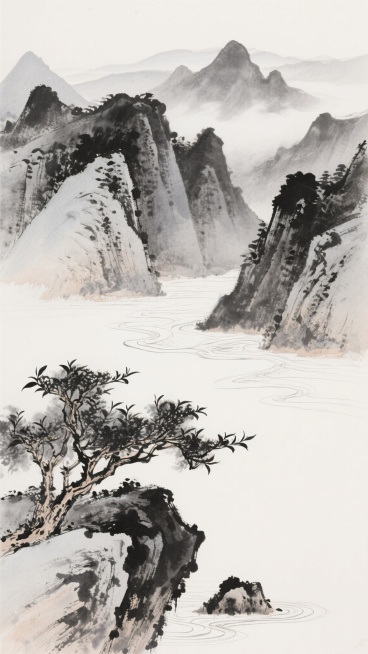 中国传统水墨写意风格检茶山水画，近景枯笔浓墨绘茶树与山石，中景以斧劈皴结合晕染表现层叠山峦，远景淡墨烘染云雾，水面留白并以淡墨线条表现波光，墨色焦浓淡清层次分明，线条遒劲，气韵生动，计白当黑，空灵悠远预览效果