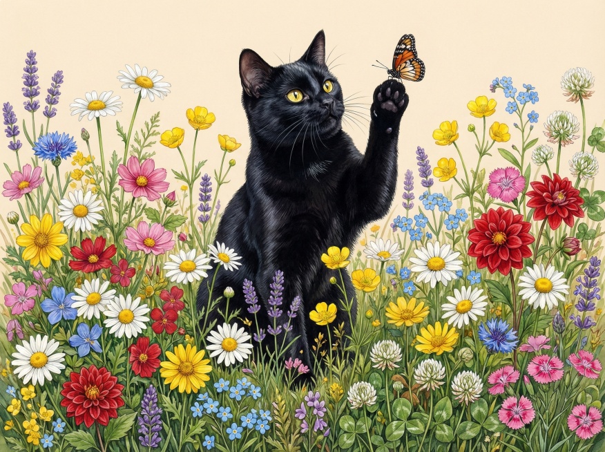 画面中间是一只纯黑色短毛猫，毛发油亮有光泽，明亮黄色眼睛，正面坐在花丛中，举起一只爪子抓蝴蝶，身体下半部分被花朵遮挡，从花丛中探出头。猫咪被繁茂野花花海环绕，包含各色雏菊（白、黄、粉、红、蓝）、红色大预览效果