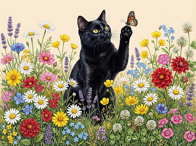 画面中间是一只纯黑色短毛猫，毛发油亮有光泽，明亮黄色眼睛，正面坐在花丛中，举起一只爪子抓蝴蝶，身体下半部分被花朵遮挡，从花丛中探出头。猫咪被繁茂野花花海环绕，包含各色雏菊（白、黄、粉、红、蓝）、红色大丽花、黄色毛茛、紫色薰衣草、蓝色勿忘我、白色三叶草、粉色石竹，花卉高低错落，层次丰富，叶片与茎干细节清晰，营造自然野趣花园氛围。背景是柔和浅米色，超写实水彩油画质感，融合现代数字绘画技术的艺术插画，高清晰度，高清画质，高分辨率，高度详细，细节丰富、色彩鲜艳，整体色彩饱和度高