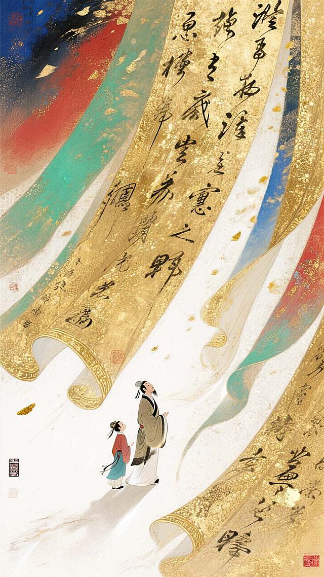 一个小小的夫子，旁边是一个学生。金色纱幔，写满毛笔字，神秘氛围，巨大的纱幔飞舞飘逸，强烈的立体感，渐变，白色，梦幻，意境。仰视，宏大场面，红绿蓝金